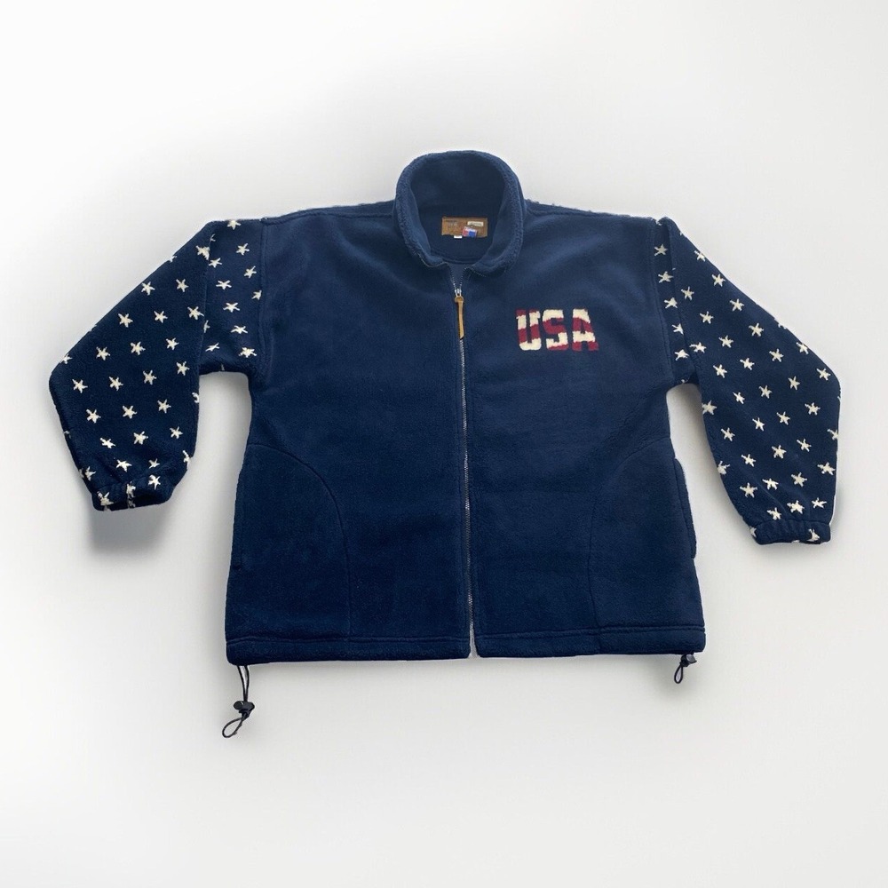 VTG Bear Ridge Outfitters USA Fleece Jacket Adult L USA Made Stars Big Flag 90s